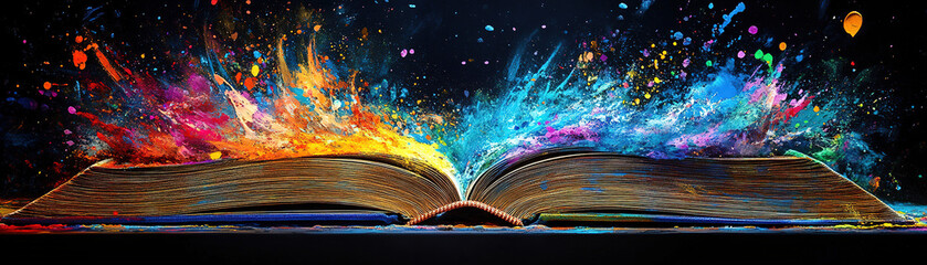 Poster - Creative explosion of colorful imagination from an open book studio setting digital art vibrant atmosphere close-up view