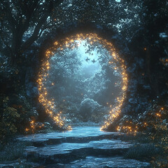 Poster - Mystical portal opening in enchanted forest fantasy landscape digital art magical environment enigmatic view