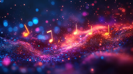 Poster - Musical notes floating in a cosmic landscape digital art vibrant colors abstract viewpoint imaginative concept