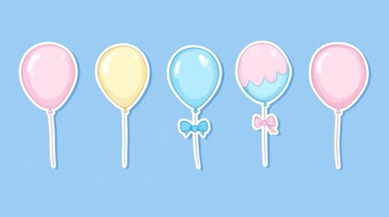 Poster - Colorful balloons in pastel shades with playful designs on a light blue background during a festive celebration. Generative AI