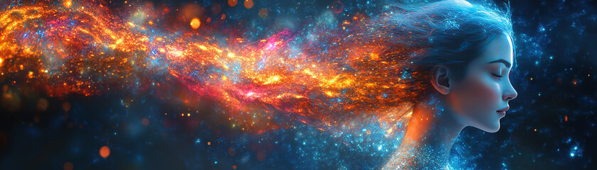 Poster - Ethereal cosmic transformation of a woman digital art creation vibrant colors fantasy environment side view imagination