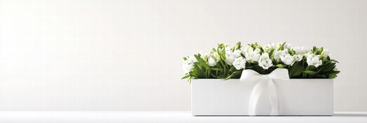 Poster - Elegant white flower arrangement in a decorative box on a clean background displaying freshness and beauty. Generative AI