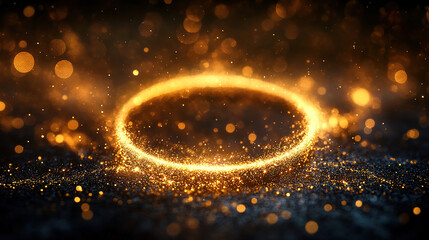 Poster - Golden sparkling circle event abstract background light effects digital art close-up view visualization concept