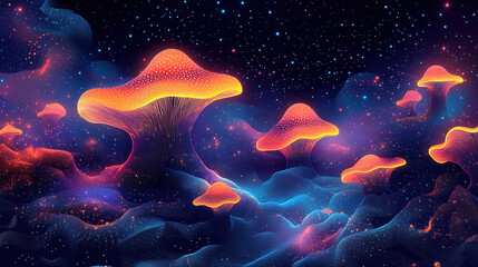 Poster - Vibrant bioluminescent mushrooms cosmic landscape digital art fantasy environment surreal viewpoint