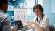 © DC Studio - Physician meets with a patient to discuss medical results in a cabinet, using advanced diagnostic equipment to interpret x ray scans, demonstrating a professional healthcare approach. Camera B.