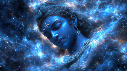 Poster - Cosmic meditation of lord krishna celestial realm digital art surreal environment close-up view spiritual concept