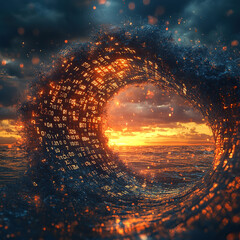 Poster - Digital wave transformation ocean sunset abstract art serene environment close-up view technology concept