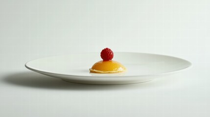 Poster - Elegant dessert with raspberry on top served on a white plate in a minimalist setting indoors. Generative AI