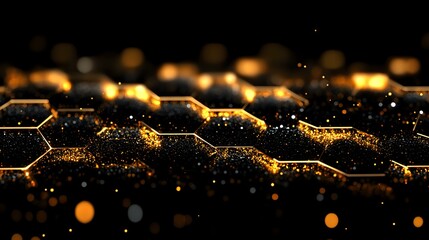 Poster - Glowing golden honeycomb pattern with sparkling particles and bokeh lights on dark background creates futuristic technological atmosphere.