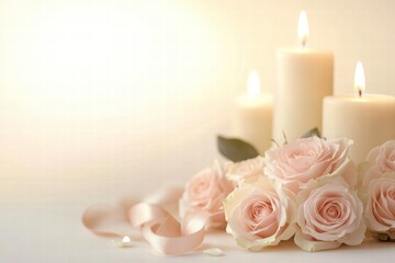Aufkleber - Soft pink roses and lit candles create a romantic and serene atmosphere for special occasions or celebrations. Generative AI