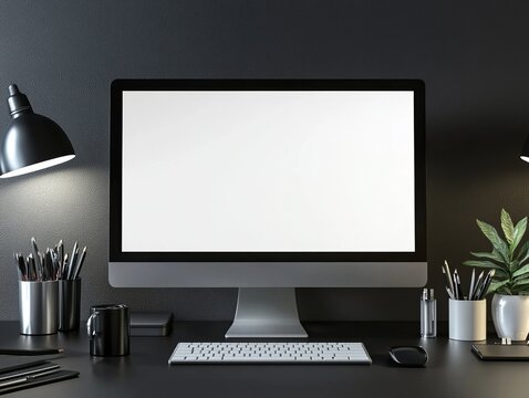 Modern workspace desktop computer mockup with empty screen, dark background, and desk accessories