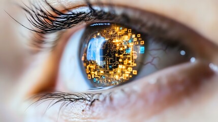 Poster - Close-up macro shot of human eye with digital technology reflection showing golden pixels and blue glow, representing artificial intelligence and future vision concept.