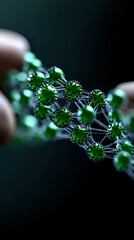 Poster - Molecular structure with green spherical nodes connected by silver lattice network against dark background, representing scientific research and nanotechnology.