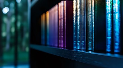 Poster - Row of colorful hardcover books arranged on dark wooden shelf with soft bokeh background creating atmospheric library ambiance with rainbow spectrum effect.