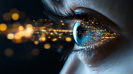 Poster - Close-up of human eye with digital transformation effect, glowing blue iris dissolving into golden particles and bokeh lights against dark background.