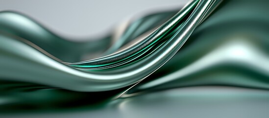 Poster - Elegant flowing curves in dark emerald green and silver create dynamic wave-like motion against blurred background, abstract luxury design for modern decor and branding.