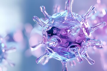 Poster - Microscopic virus cell structure in purple and blue tones with spiky surface proteins shown in artistic macro view against blurred background with bokeh effect.