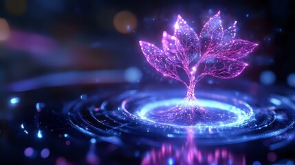 Poster - Glowing purple lotus flower emerging from rippling water surface with magical sparkles and light effects, creating mystical atmosphere against dark background.