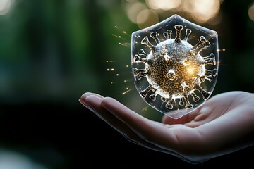 Poster - Glowing coronavirus cell floating above open palm against dark background with bokeh lights, scientific visualization for medical and healthcare concepts.