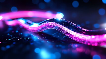 Poster - Glowing neon wave with sparkling particles flows through dark space creating magical light trail effect in pink and blue colors against blurred bokeh background.