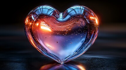 Poster - Glowing glass heart with magical light effects and cosmic galaxy reflections on dark surface creates romantic atmosphere and mystical ambiance.