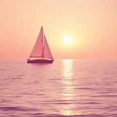 Poster - Sunset sail on tranquil waters with a pink sky and vibrant sun. Generative AI