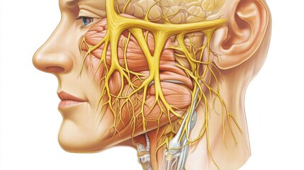 Poster - Detailed illustration showing human facial anatomy including nerves and muscles in profile view for educational purposes. Generative AI