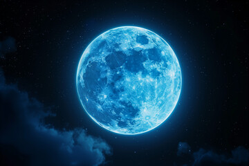 majestic glowing blue moon in a dark sky with shining stars, large and bright full moon in black spa