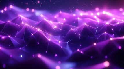 Poster - Abstract Purple Digital Landscape: Glowing Network of Lines and Points