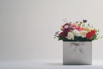 Poster - Beautiful arrangement of colorful flowers in a decorative box placed on a neutral background. Generative AI