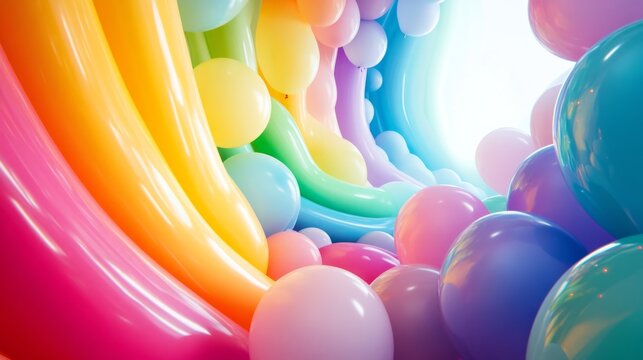 Rainbow gradient background with helium balloons, colorful party celebration theme generative ai