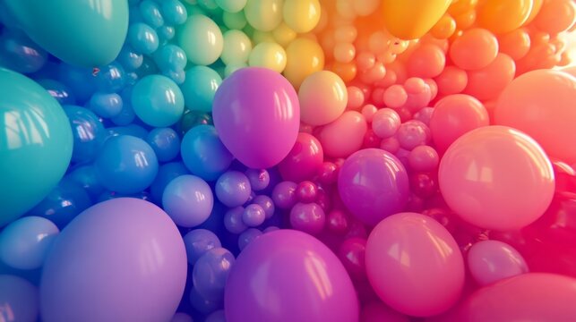Rainbow gradient background with helium balloons, colorful party celebration theme generative ai