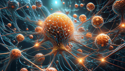 Poster - A complex network of interconnected spheres and lines, representing a neural network or a molecule. Generative AI.