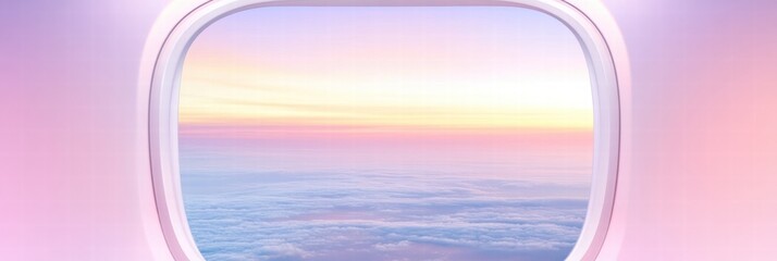 Poster - Sunset view from an airplane window with pastel colors and fluffy clouds in the sky. Generative AI