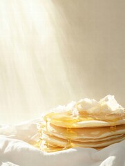 Poster - Delicious pancakes stacked high with rich syrup and butter under soft sunlight in a cozy kitchen. Generative AI