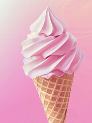 Aufkleber - Delicious pink swirl ice cream cone against a soft pink background during summertime. Generative AI