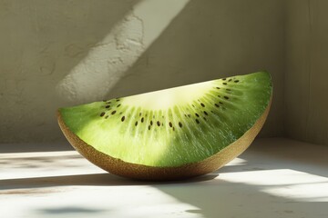 Poster - A single kiwi slice rests on a white surface