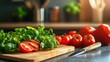 © Kelly - Table with fresh vegetables, out of focus kitchen background, generative ai