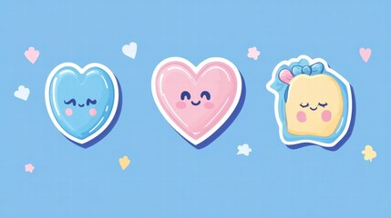Poster - Colorful cute heart stickers with smiling faces and playful designs against a light blue background. Generative AI