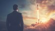 © Sarawut - A confident businessman gazes at a rocket launch, reflecting determination, career growth, and a mindset for success.