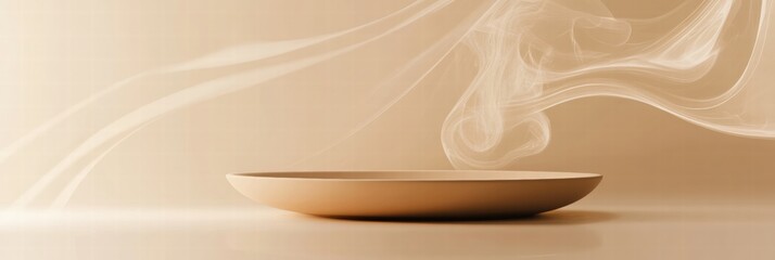 Leinwandbilder - Plate of steaming food on a simple surface with flowing smoke, highlighting warmth and freshness in a minimalist setting. Generative AI