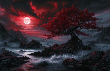 Wall Mural - a red tree stands tall on a rocky shore, silhouetted against a blood-red sky and moon. ai.