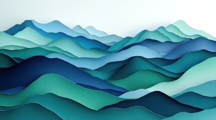 Poster - Layered Paper Hills in Shades of Blue and Green Tones