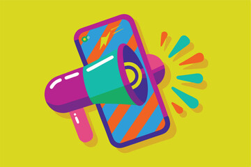 Poster - Colorful smartphone with a megaphone emerging, symbolizing communication and announcements in a vibrant setting
