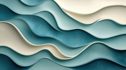 Poster - Abstract Waves of Blue and Cream Tones in Flowing Textured Layers
