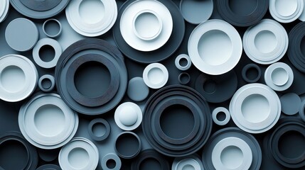 Poster - Abstract Design of Circular Plates in Shades of Blue and Gray