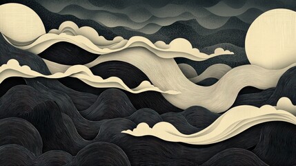 Poster - Abstract Landscape with Waves and Sun in Dark and Light Tones