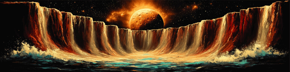Wall Mural - stunning cosmic waterfall vector art with surreal planet and dramatic landscape: solar eclipse, cele