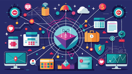 Poster - Creative vector illustration showcasing a network of technology icons connected by vibrant lines in a digital theme with a bright orange background