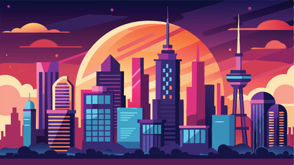 Poster - Vibrant city skyline illustration featuring modern architecture against a colorful sunset background